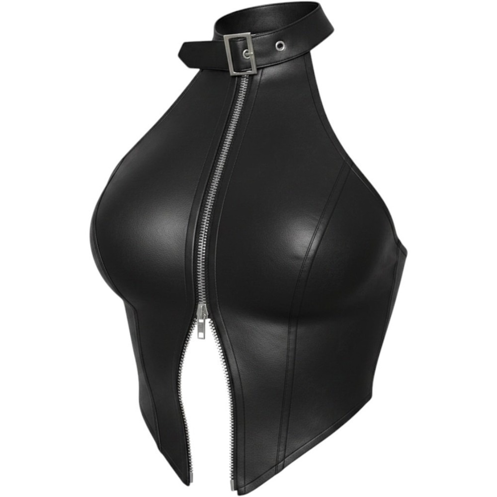 New Small Black Vegan Leather Buckle Halter Crop Top Backless Zip Y2K Rave
